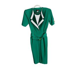 Women's Vintage 80's Alexis Fashion's INC. Green Belted Career Dress 14
